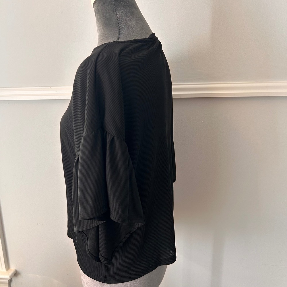 Zara Woman Basic Black Ribbed Ruffle Flutter Sleeve Top Small - Picture 6 of 10